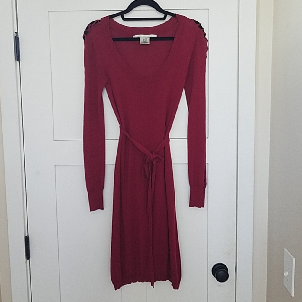 Red lace up arm sweater dress